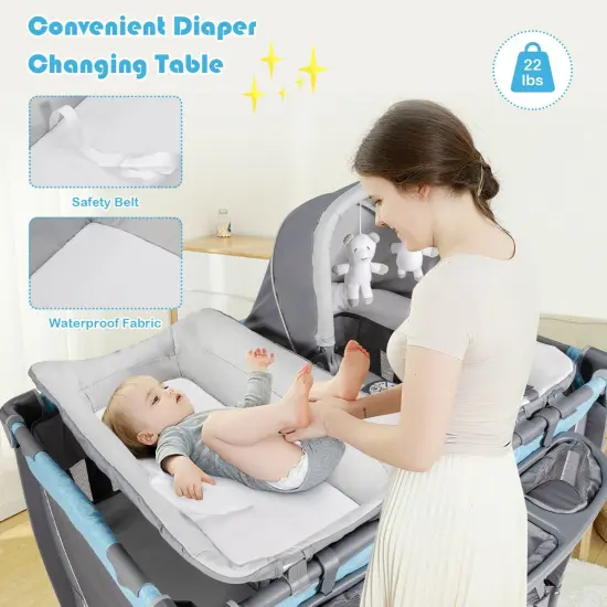 4-in-1 Convertible Portable Baby Play yard with 2 Hanging Toys and Music Box Blue {3}