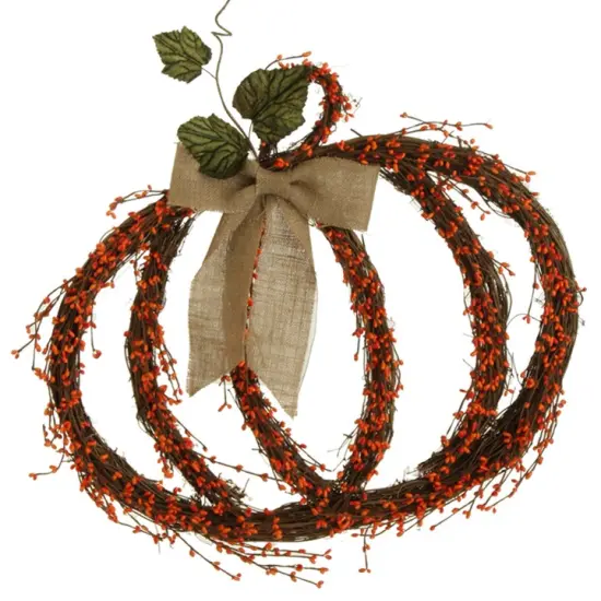 Raz 25" Brown and Orange Twig Pumpkin with Burlap Bow Autumn Wall Decoration {1}
