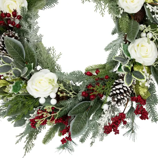 Northlight Real Touch&trade;️ Mixed Foliage and Roses Artificial Christmas Wreath 30" - Unlit Green {5}