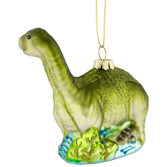 Northlight 4" Glittered Brontosaurus Dinosaur Glass Christmas Ornament Green {6}