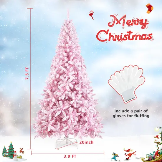 Costway 7.5FT Pre-Lit Snow Flocked Pink Christmas Tree 1100 Tips w/ 450 Lights & 8 Modes {4}