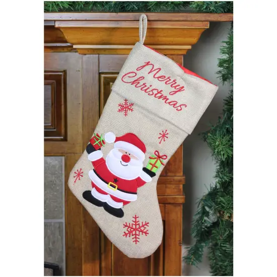 Northlight 19" Beige and Red Santa Claus Embroidered Christmas Stocking Brown {3}