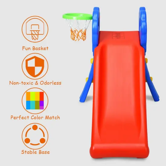 2 Step Indoors Kids Plastic Folding Slide with Basketball Hoop {3}