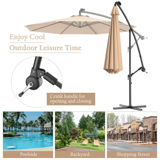 Costway 10' Hanging Solar LED Umbrella Patio Sun Shade Offset Market W/Base Beige {4}