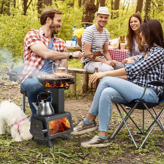 Costway Portable Wood Burning Stove Wood Camping Stove Heater with 2 Cooking Positions Patented {4}