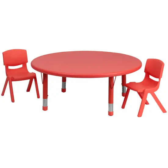 Emma and Oliver 45" Round Plastic Height Adjustable Activity Table Set with 2 Chairs Red {1}