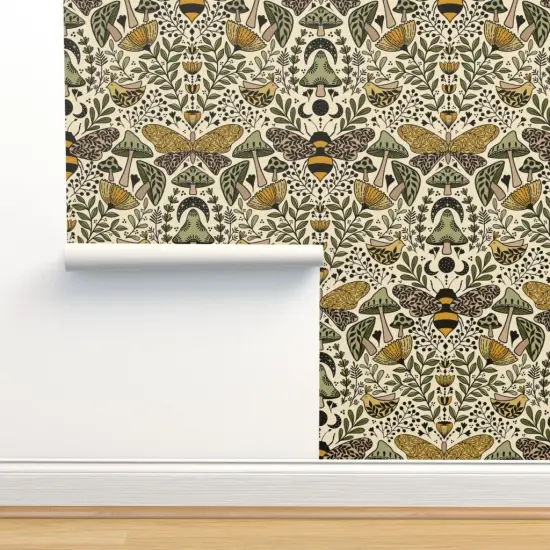 Peel & Stick Wallpaper 2FT Wide Nouveau Nature Green Yellow Butterfly Forest Plants Moth Bohemian Bee Botanical Wildlife Ecological Wild Grass Mustard Beige Custom Removable Wallpaper by Spoonflower {2}