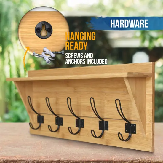 HBCY Creations Rustic Wall Mounted Coat Rack Shelf - Wooden Country Style 24" Entryway Shelf with Hooks - Solid Pine Wood - For Entryway, Kitchen, Bathroom Bamboo {2}