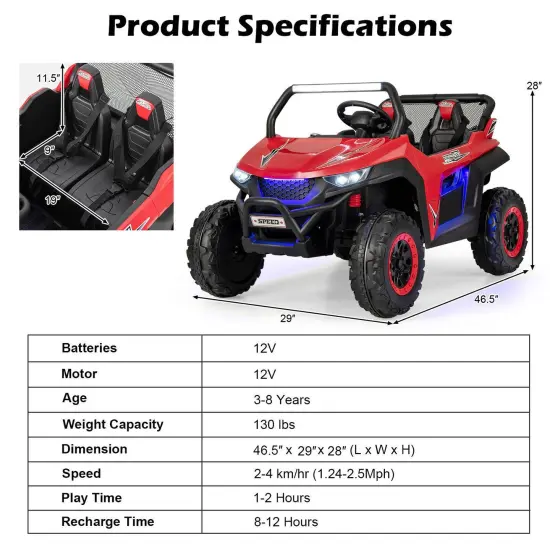 2-Seater Electric UTV Ride On Car with Safety Belt, Remote Control and Media Center Red {3}