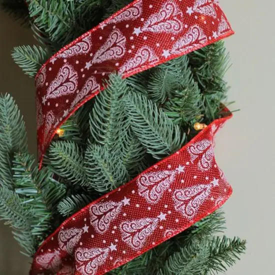 Northlight Cranberry Red and White Trees Burlap Wired Christmas Craft Ribbon 2.5" x 10 Yards {4}