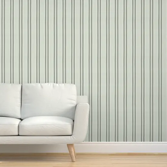 Pre-Pasted Wallpaper 2FT Wide Sage Green Stripe Ticking Preppy Cottagecore French Country Contemporary Stripes Large Scale Grandllennial Custom Pre-pasted Wallpaper by Spoonflower {5}