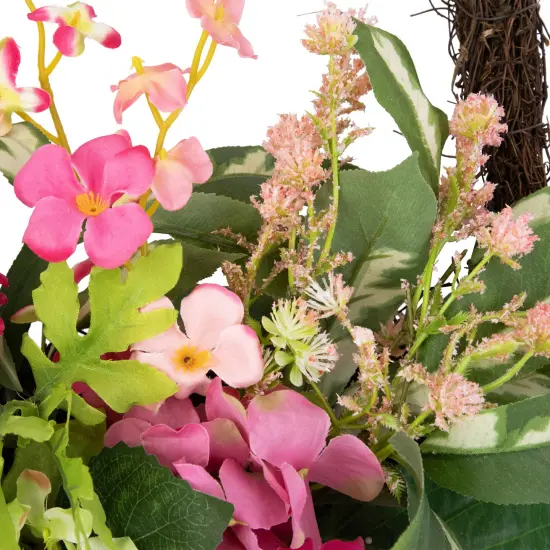 Northlight Leafy Hydrangea Floral Spring Hanging Basket - 16"- Pink {6}