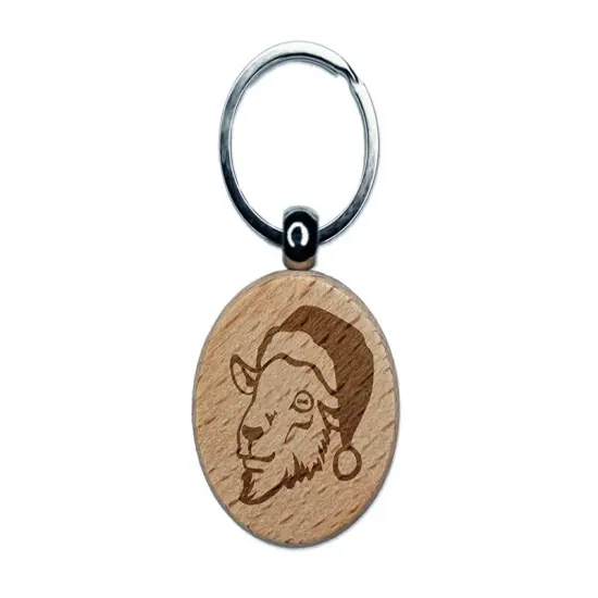Goat Head with Santa Hat Christmas Engraved Wood Round Keychain Tag Charm {1}