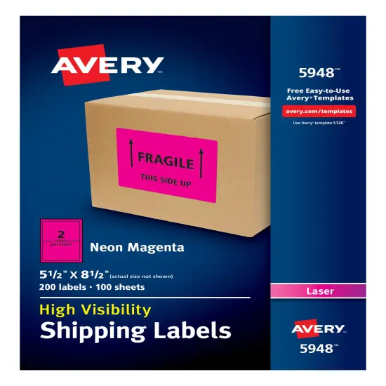 Avery Neon Shipping Labels for Laser Printers, 5-1/2" x 8-1/2", 200 Pink Labels (5948) {1}