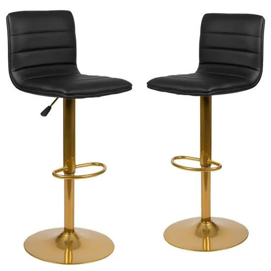 Merrick Lane Set of 2 Contemporary Height Adjustable Swivel Stools with Back and Pedestal Base with Footrest BlackVinyl/GoldFrame {1}