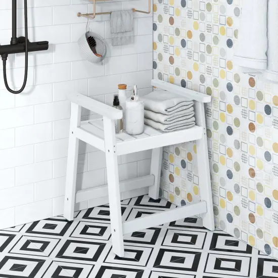 Costway Waterproof HDPE Shower Bench Bathroom Shower Chair with Armrest Heavy Duty White/Brown {4}