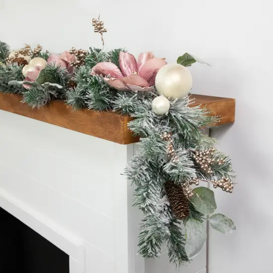 Northlight 6' Pink Floral and Ball Ornament Frosted Pine Artificial Christmas Garland Green {7}