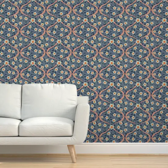 Pre-Pasted Wallpaper 2FT Wide Floral Navy Botanical Dark Blue Snake Arts And Crafts Maximalist Strawberry Art Nouveau Medium Scale Custom Pre-pasted Wallpaper by Spoonflower {5}