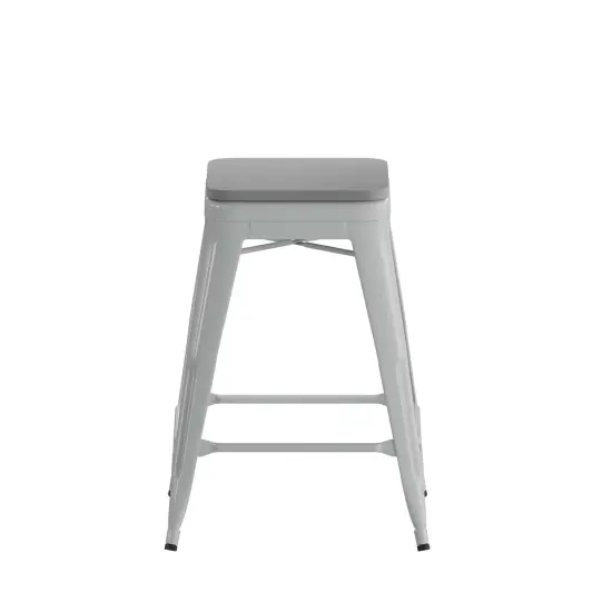 Emma and Oliver Cory Set of Four Backless Metal Stools with All-Weather Poly Resin Seats for Indoor Use Only Silver/Gray {4}