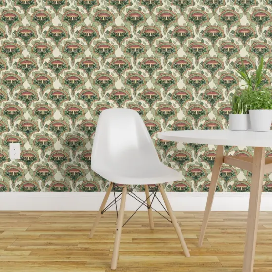 Pre-Pasted Wallpaper 2FT Wide Art Nouveau Mushrooms Botanical Nature Olive Green Toadstool Vintage Inspired Cream Custom Pre-pasted Wallpaper by Spoonflower {1}