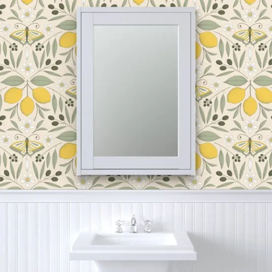 Pre-Pasted Wallpaper 2FT Wide Yellow Butterfly Damask Olive Lemon Botanical Italy Pastel Colors Mediterranean Tree Large Scale Citrus Moth Insects Custom Pre-pasted Wallpaper by Spoonflower {6}