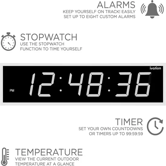 Ivation 36 in. Large Digital Wall Clock, LED Digital Clock with Timer and Alarm White {3}