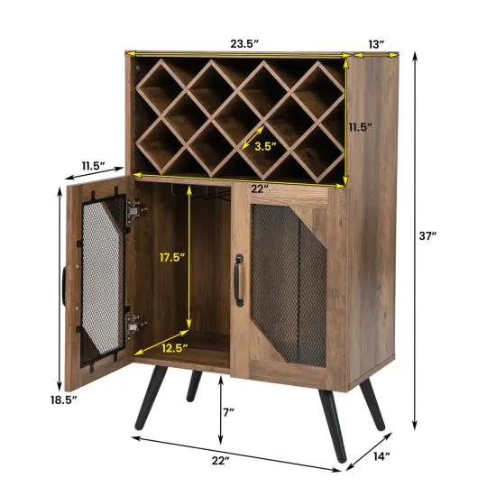 2-Door Farmhouse Kitchen Storage Bar Cabinet with Wine Rack and Glass Holder-Rustic Brown {4}