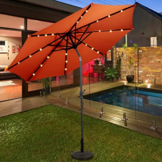 10 Feet Patio Solar Umbrella With Crank And Led Lights Orange {1}