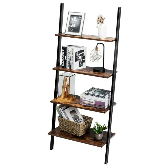 Costway Industrial Ladder Shelf 4-Tier Leaning Wall Bookcase Plant Stand Rustic Black/Brown {1}