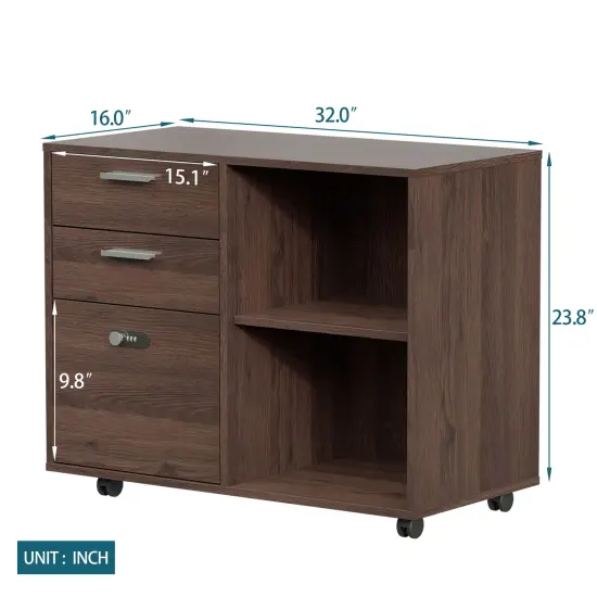 Office Wooden File Cabinet with coded Lock Drawer with Open Storage Shelves Brown Oak {5}