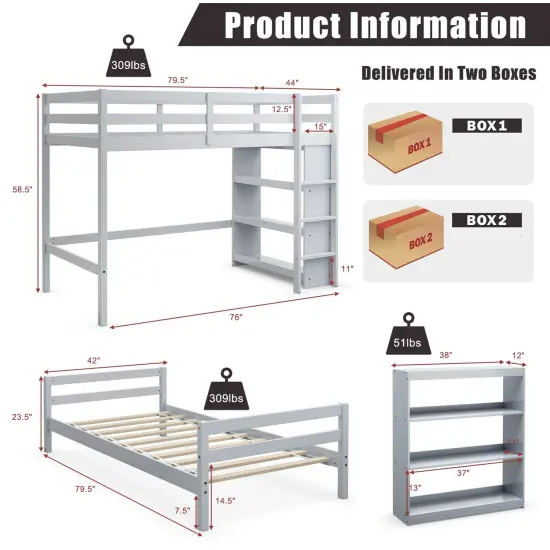 Twin Over Twin Loft Bunk Bed with Bookcase Grey {5}