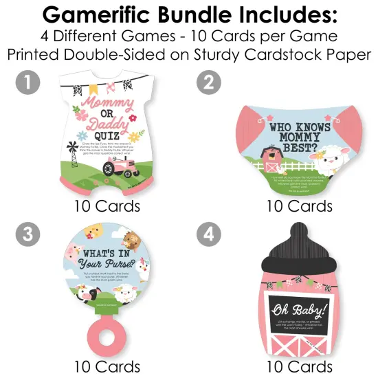 Big Dot of Happiness Girl Farm Animals - 4 Pink Barnyard Baby Shower Games - 10 Cards Each - Gamerific Bundle {4}
