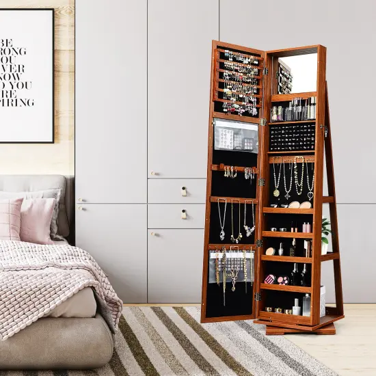 360&deg; Rotatable Armoire 2-in-1 Lockable Mirrored Jewelry Cabinet Brown {3}