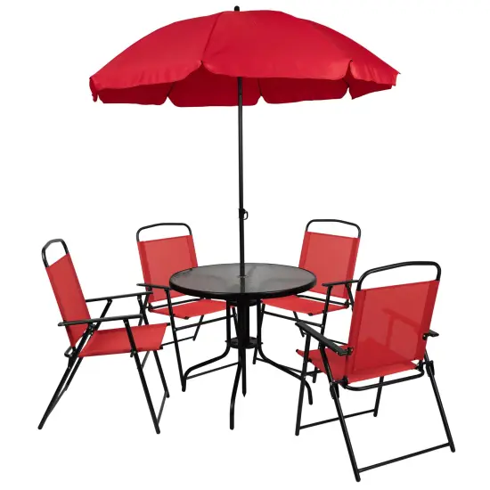 Emma and Oliver 6 Piece Patio Garden Set with Table, Umbrella and 4 Folding Chairs Red {1}