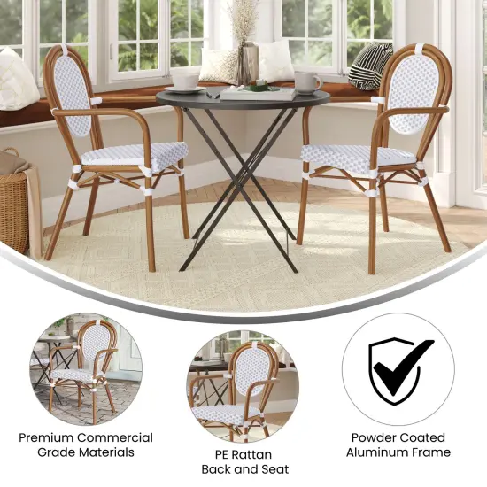 Merrick Lane Celia Set of Two Stacking Thonet Bistro Style Chair with Arms, PE Rattan Seat, and Metal Frame for Indoor/Outdoor Use White&Gray/Natural {4}