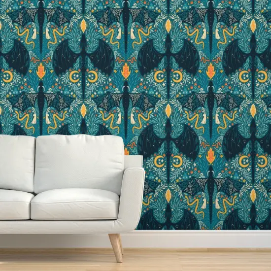 Peel & Stick Wallpaper 2FT Wide Folk Dragons Fairy Tale Botanical Kids Room Magical Jackalopes Maximalist Custom Removable Wallpaper by Spoonflower {5}