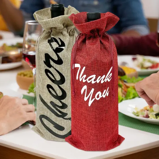 Wrapables Reusable Burlap Wine Bags, Rustic Gift Bags with Drawstring (Set of 8) Burgundy Natural {3}