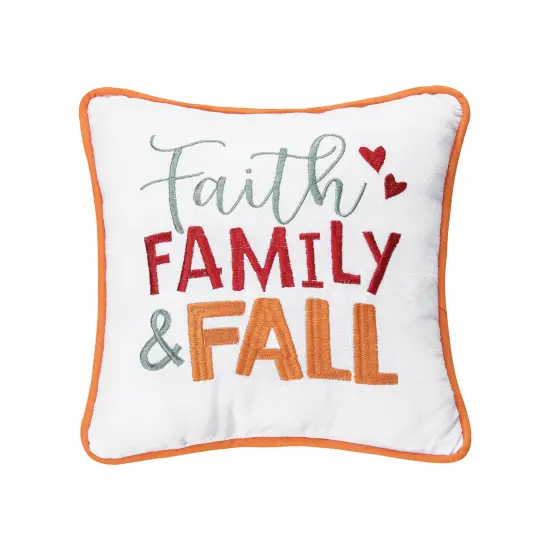 "Faith Family & Fall" Cotton Blend Embroidered Mini Thanksgiving Accent Pillow 10" x 10" {1}