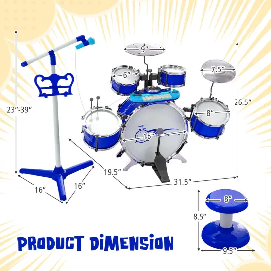 Jazz Drum Musical Instrument Set with Stool and Microphone Stand Ideal for Kids Birthday or Others Occasions Blue {4}