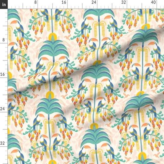 Various Fabrics by the Yard or Fat Quarter Rainforest Damask Light Tropical Forest Exotic Birds Fruit Soft Orange Coral Salmon Bright Pastel Boho Yellow Mint Blue Large Scale Custom Printed Fabric by Spoonflower {1}