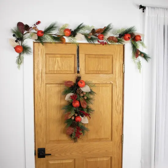Northlight Mixed Berry, Leaves and Pomegranate Fall Harvest Garland - 6' x 10" - Green and Orange Red {3}