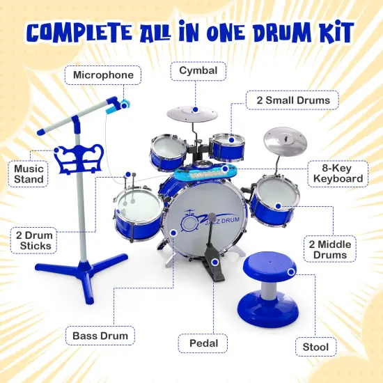 Jazz Drum Musical Instrument Set with Stool and Microphone Stand Ideal for Kids Birthday or Others Occasions Blue {3}