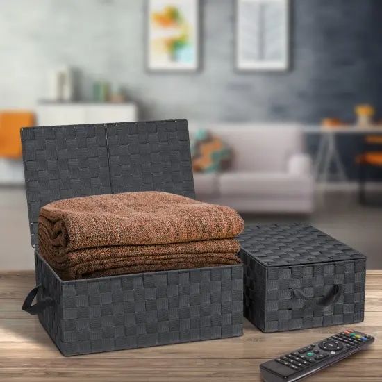 Sorbus Woven Basket Bin Set - Shelf Storage Tote Baskets for Household Items - Stackable with lid, Woven Straps and built-in Carry Handles (3 Pack) Gray {2}