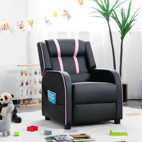 Kids Recliner Chair with Side Pockets and Footrest Pink {2}
