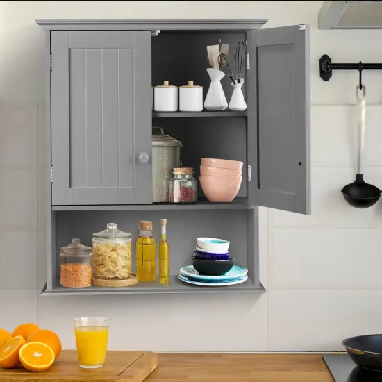 2-Door Wall Mount Bathroom Storage Cabinet with Open Shelf Grey {6}
