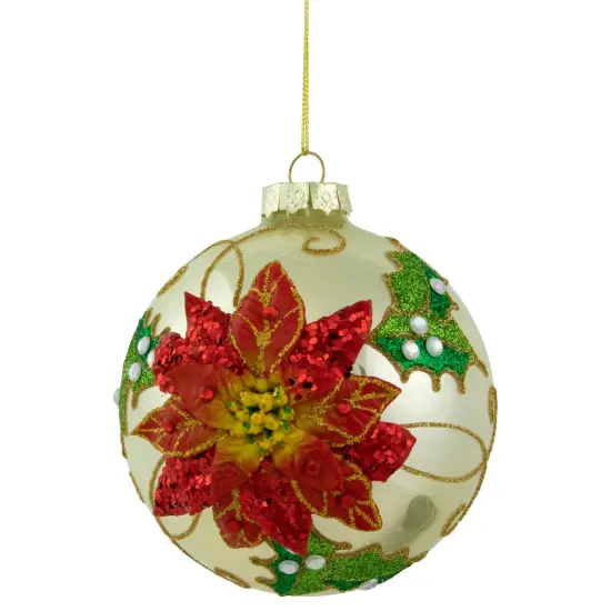 Northlight Sequin 2-D Poinsettia Christmas Glass Ball Ornament - 4" - Gold and Red {1}