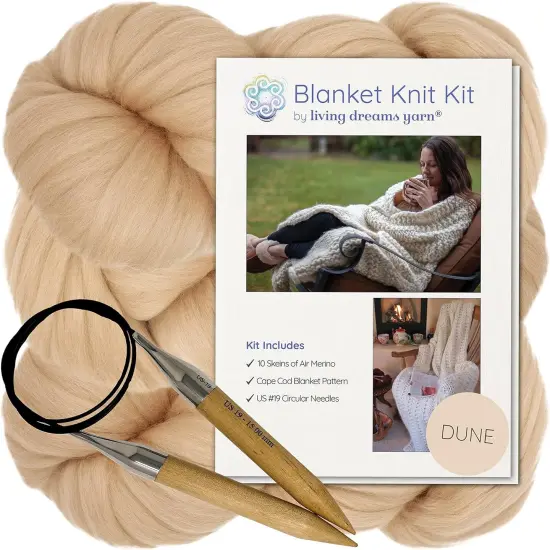 DIY Merino Wool Blanket Knitting Kit: Soft and Thick #7 Weight Jumbo Yarn, Knitting Needles and Pattern. Soft, Cozy, Great for Gifts Dune {1}