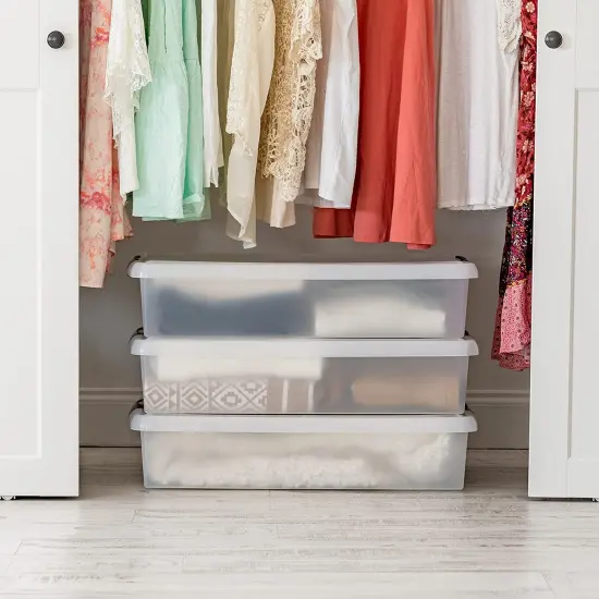 IRIS USA 40 Qt Plastic Under Bed Storage Stackable Nestable Organizer Bin Container with Secure Lids and Durable Black Buckles, Multi-Purpose for Clothes, Shoes, and Bedding, Clear, 3 Pack {3}