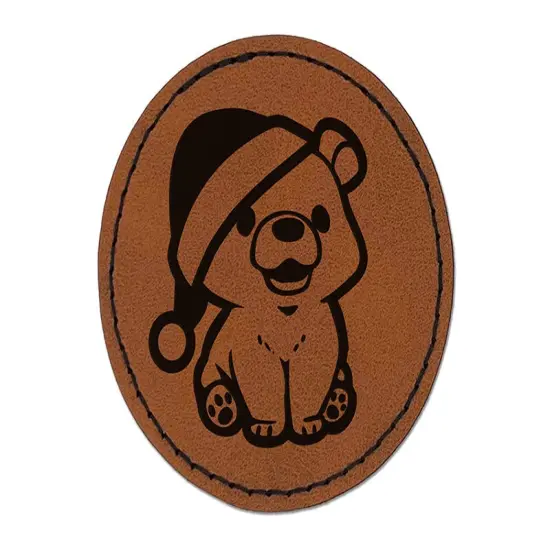 Christmas Bear Cub Santa Hat Round Iron-On Engraved Faux Leather Patch Applique - 2.5" Brown {1}