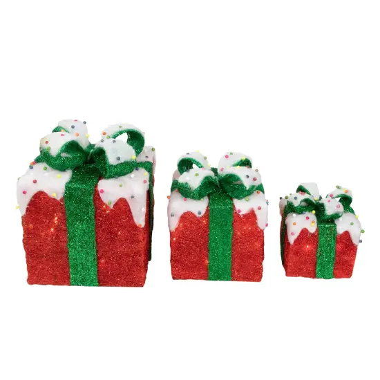 Northlight Lighted Snow and Candy Covered Sisal Gift Boxes Outdoor Christmas Decorations - Set of 3 Red {5}